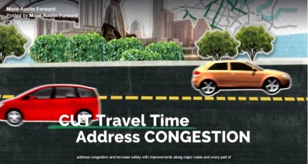 TV ad promoting "Mobility Bond" package focuses on benefits for private motor vehicle traffic. Graphic: Screenshot of Move Austin Forward TV ad.