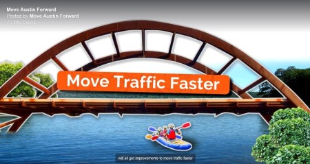 Another TV ad screenshot promoting "Mobility Bond" package promises that bonds will "Move Traffic Faster". Graphic: Screenshot of Move Austin Forward TV ad.