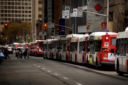 Ottawa Transitway (BRT) bus congestion in downtown, 2011. Bus congestion has persuaded Ottawa to launch LRT project, now under construction. The possibility of severe bus overcrowding in downtown Austin led Capital Metro board to reject a proposed BRT line in I-35 in favor of LRT in 1989.
